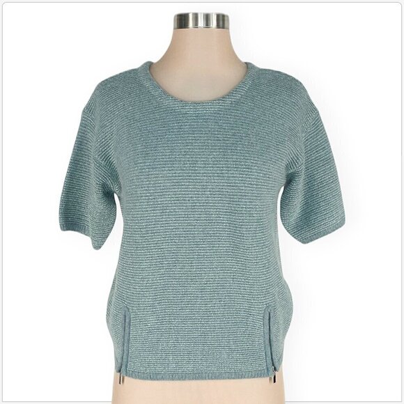 Orfeo Paris Aqua Silver Metallic Knit Cropped Zipper Trim Angora Bl Sweater S/M - Picture 1 of 5